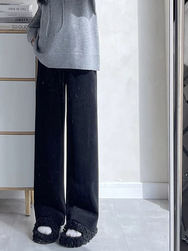 Winter Nieuwe Damesbroek met hoge taille, wijde pijpen, voering, rechte snit, gebreide broek, chino, geschikt voor woon-werkverkeer, warm