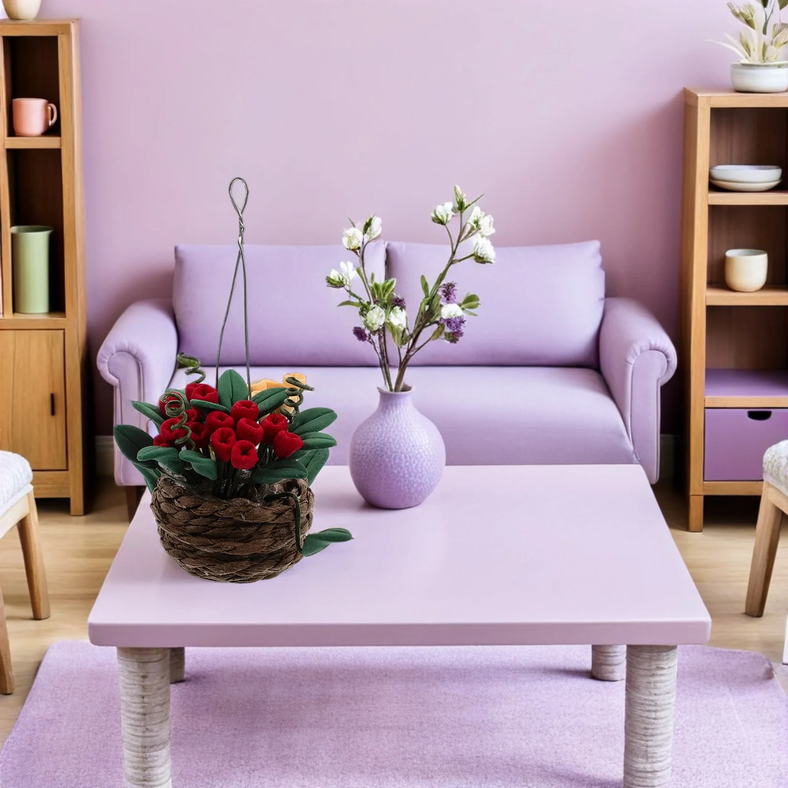 Decorações para casa em miniatura, mini modelos de plantas em vasos, escala 1:12, cesta suspensa, pequenos ornamentos de vegetação falsa, casa de bonecas mini