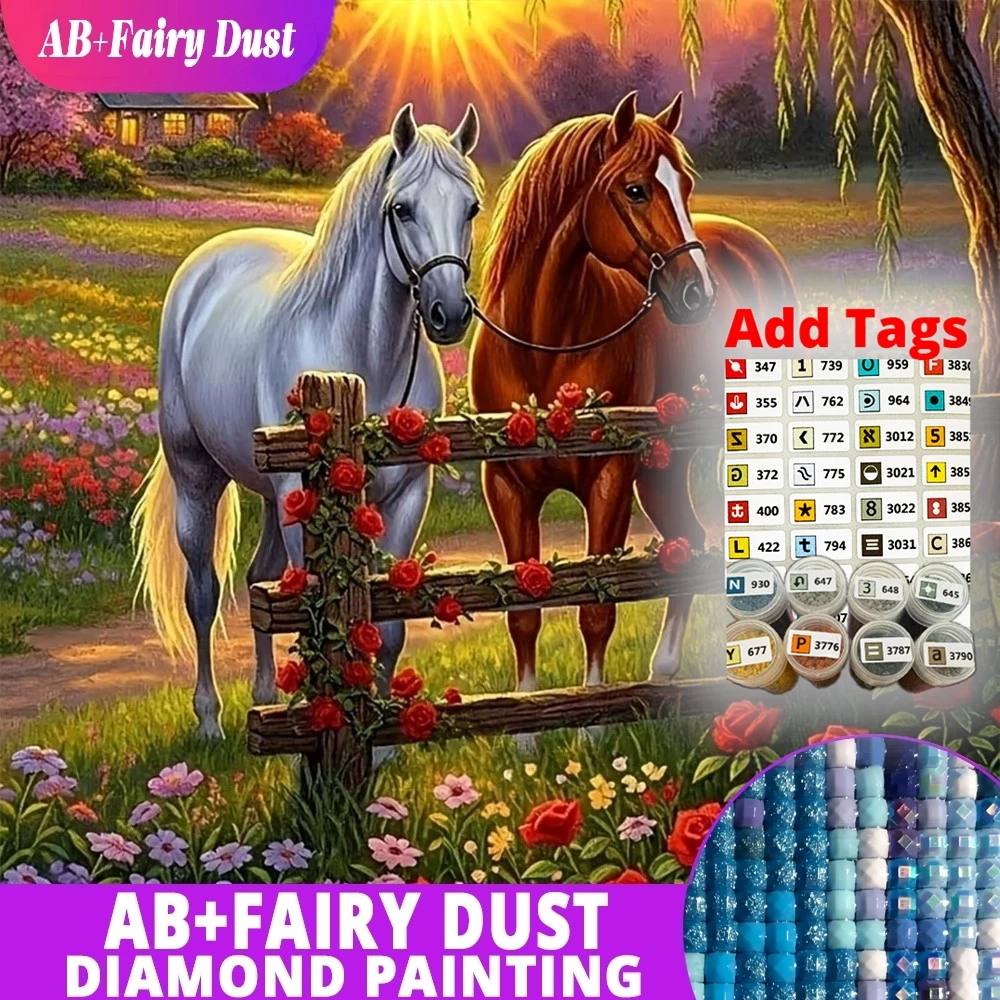 AB Fairy Dust DIY Diamond Mosaic Horse Rose Fence Full Square Round Diamond Painting Picture Embroidery Wall Art Home Decor Kit