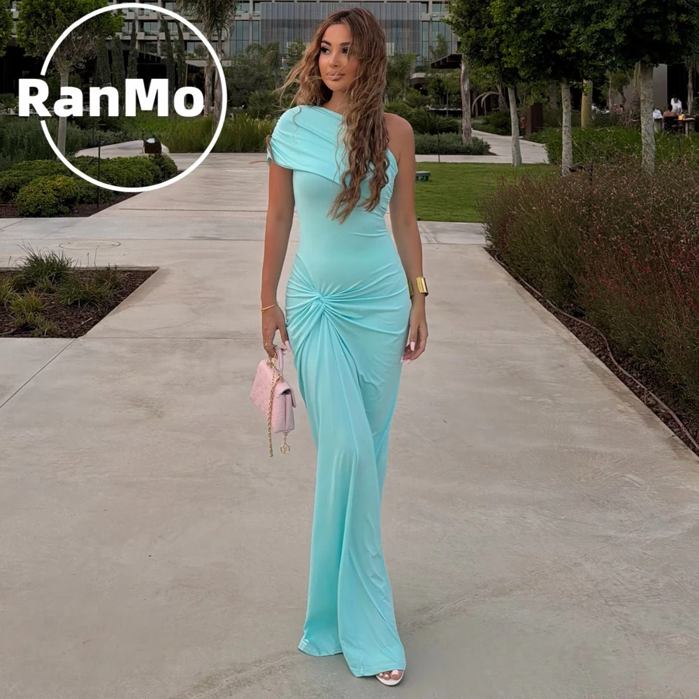Ranmo New Turquoise Customized Modern One-Shoulder Pleat Sheath Sleeveless Vestidos De Fiesta Prom Gown for Women Saudi Arabia