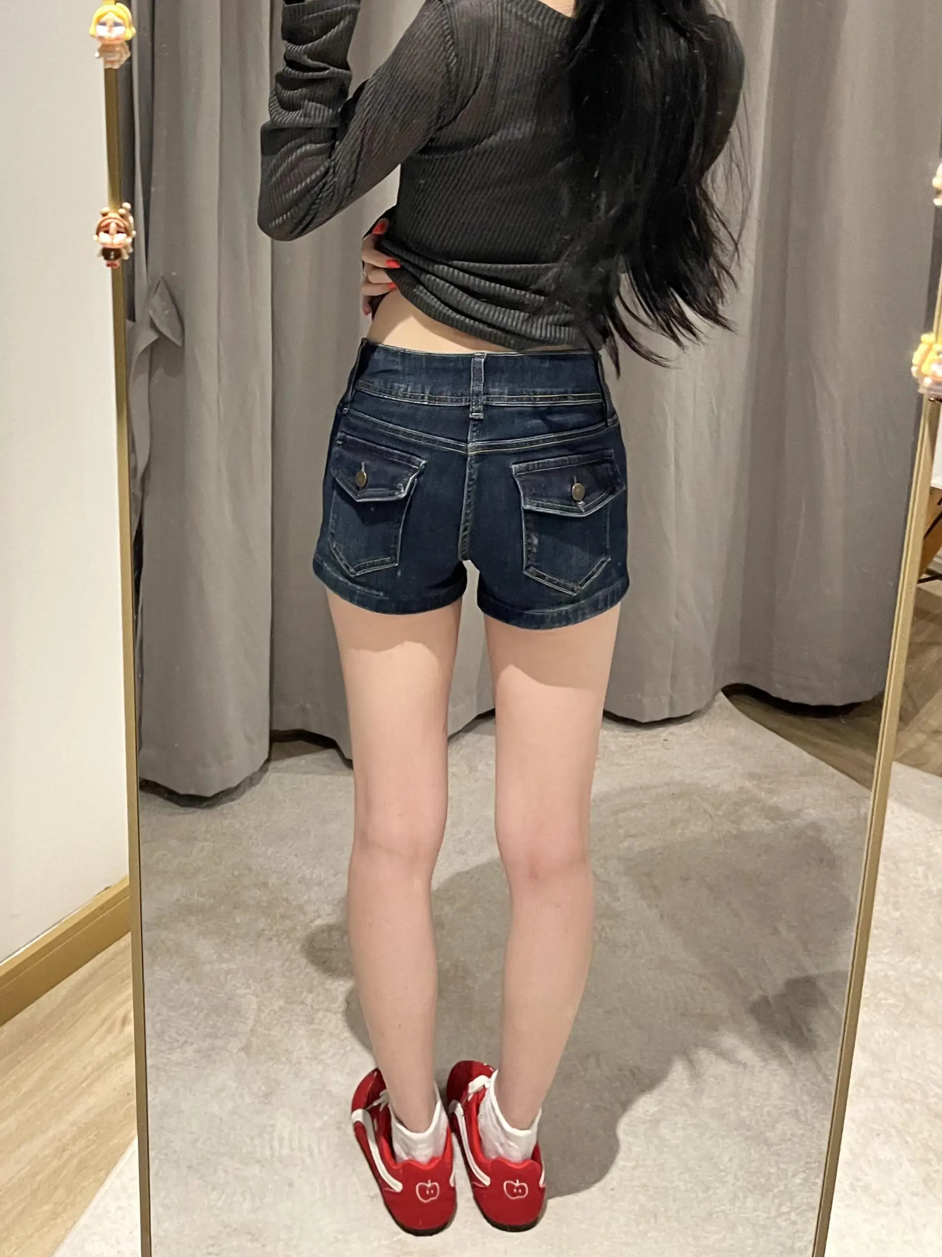 Retro American Blue Low Waist Denim Shorts Women Summer Thin Elastic A-Line Bodycon Hot Pants Casual Washed Slim Fit Jeans