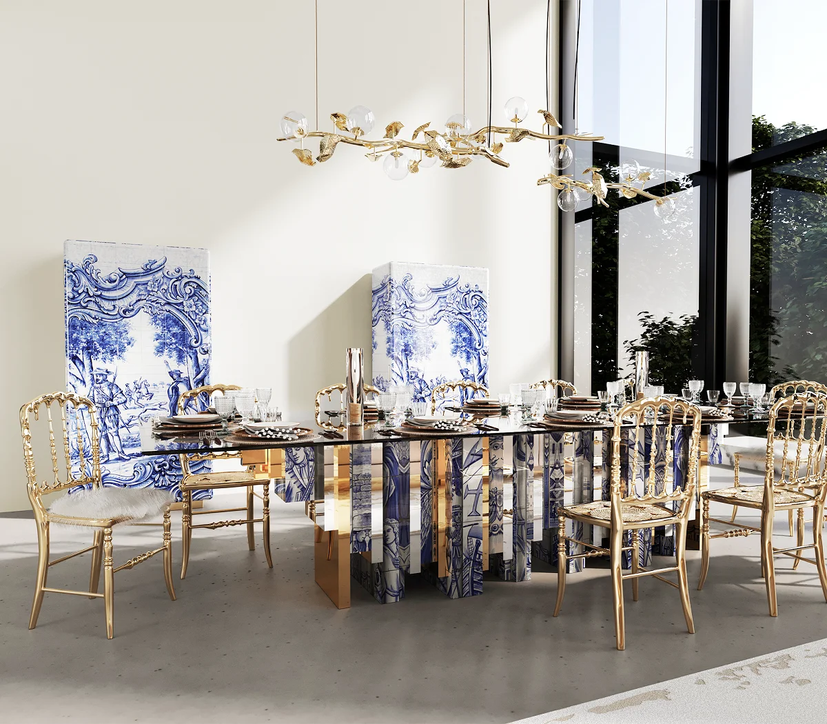 #￥forMR Light Luxury Rectangular Dining Table Minimalist Tempered Glass Top High-end Artistic Villa Long Table Home Furniture