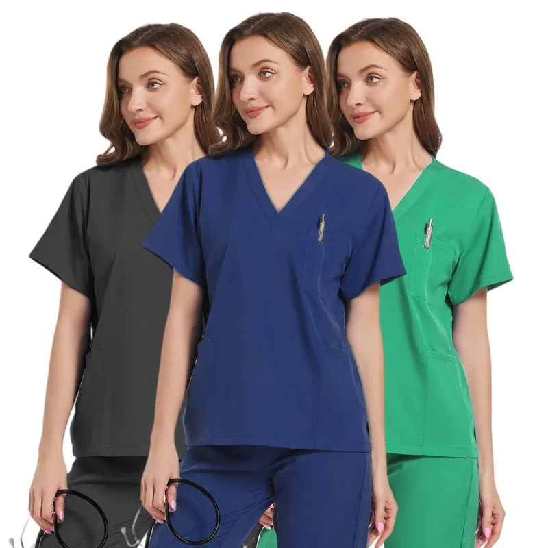 Stretch Scrubs zestaw damski mundury pielęgniarskie zestaw peelingów klinicznych pielęgniarka lekarz pyłoszczelna odzież robocza peelingi medyczne Top + spodnie do biegania