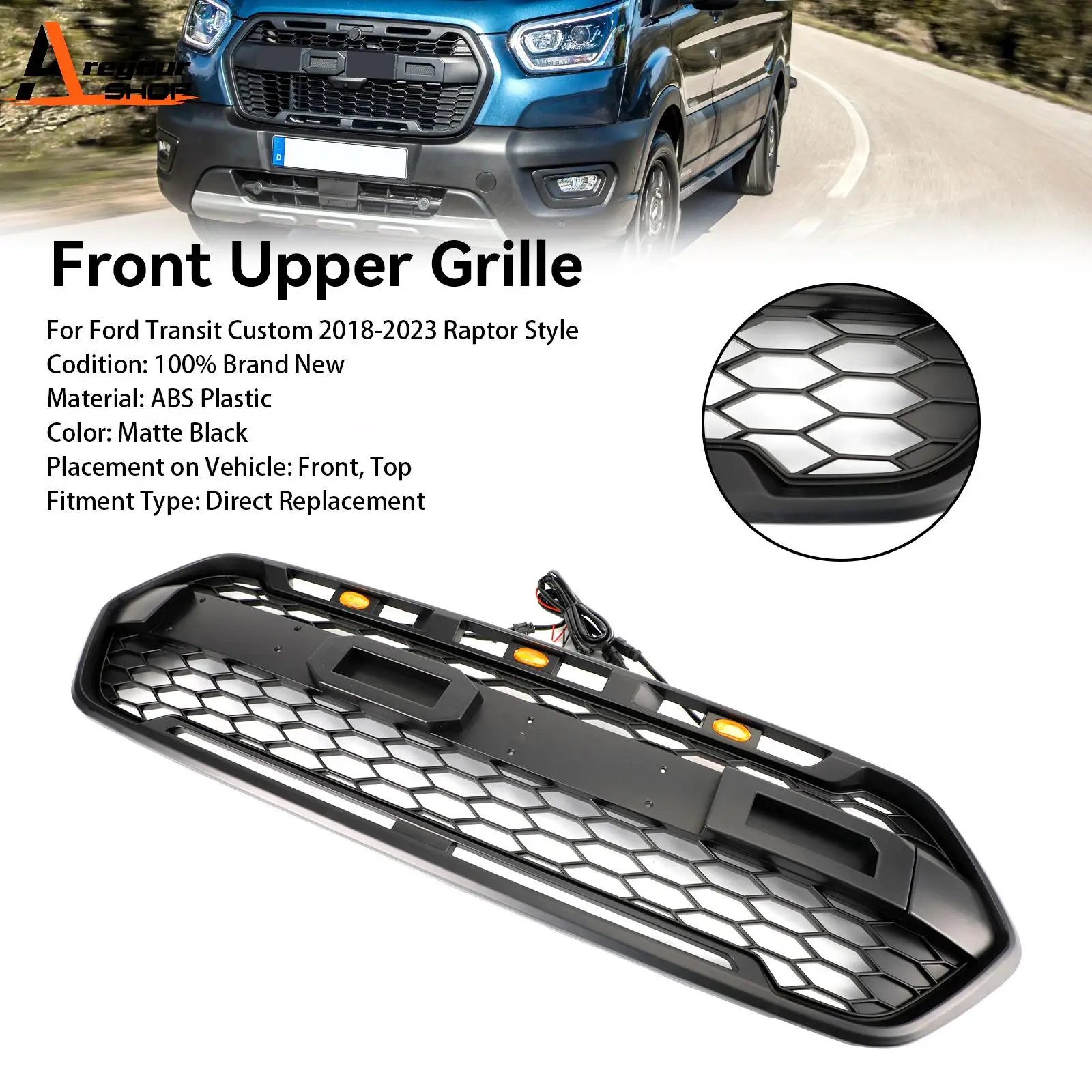 Areyourshop Matte Black Front Bumper Grille for Ford Transit Custom Trail 2018 2019 2020 2021 2022 2023 W/ 3LED