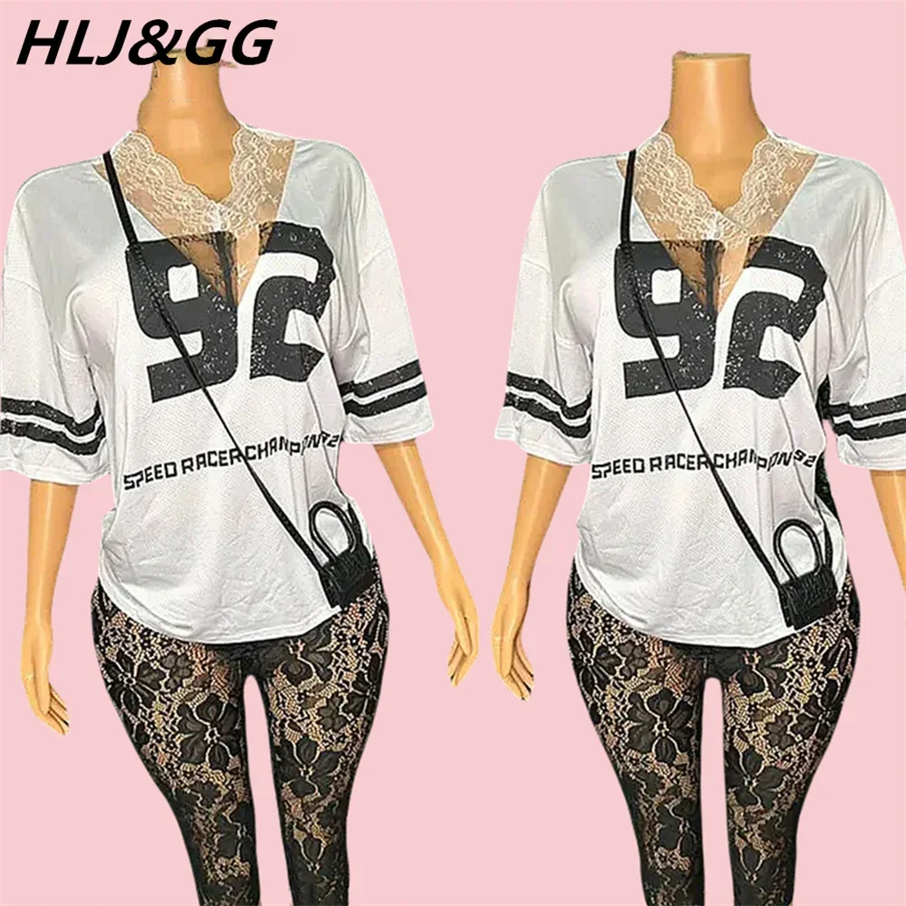 

HLJ Fashion Lace Splicing Letter Basketaball Tshirt Two Piece Set Women V Neck Loose Top And See Though Shorts Outfit Streetwear