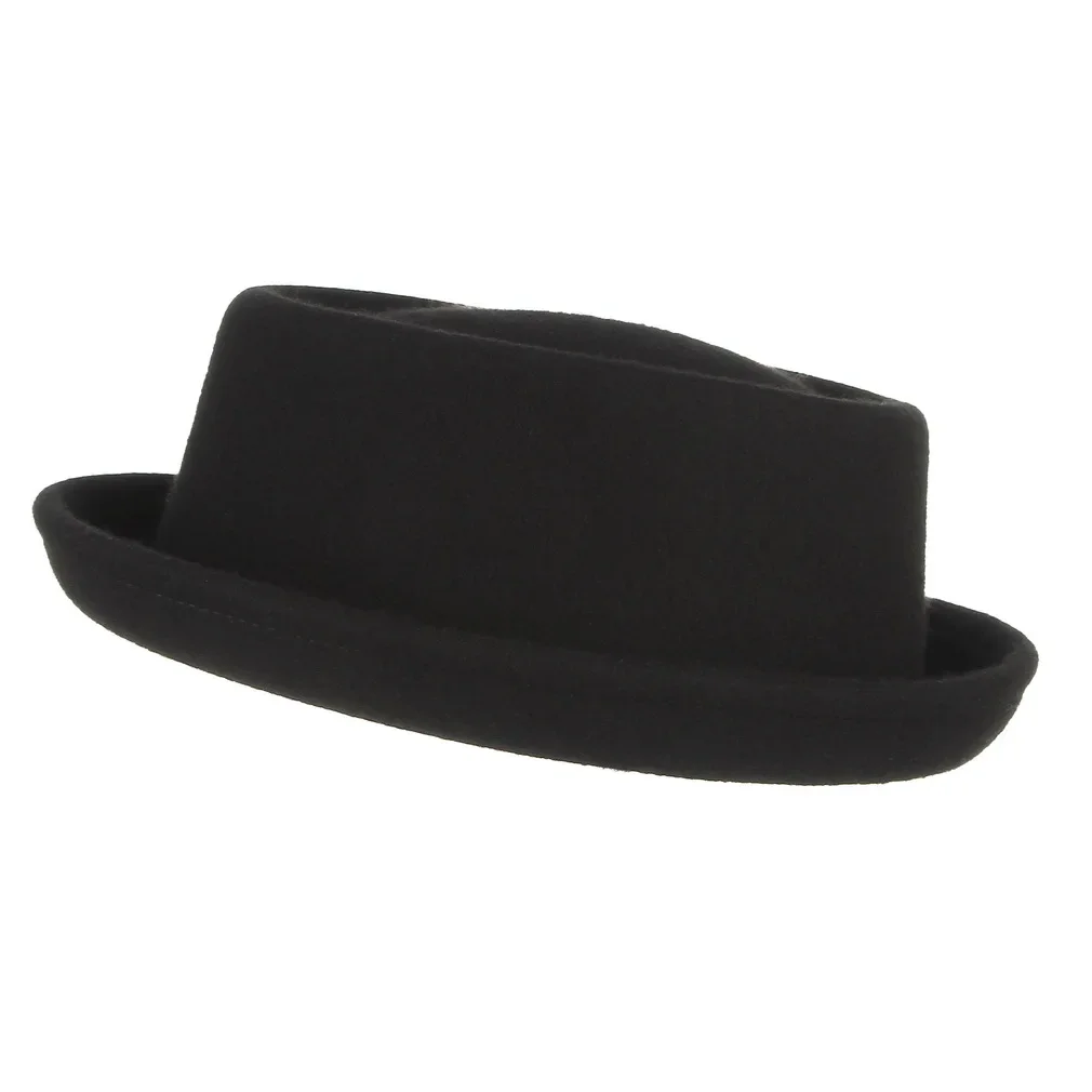 100% الصوف الأسود بيليكوك لفة حافة فيدورا قبعة المرأة البريطانية مقعر محدب أفضل قبعة مصمم الكنيسة القبعات السيدات أنيقة ورأى قبعة