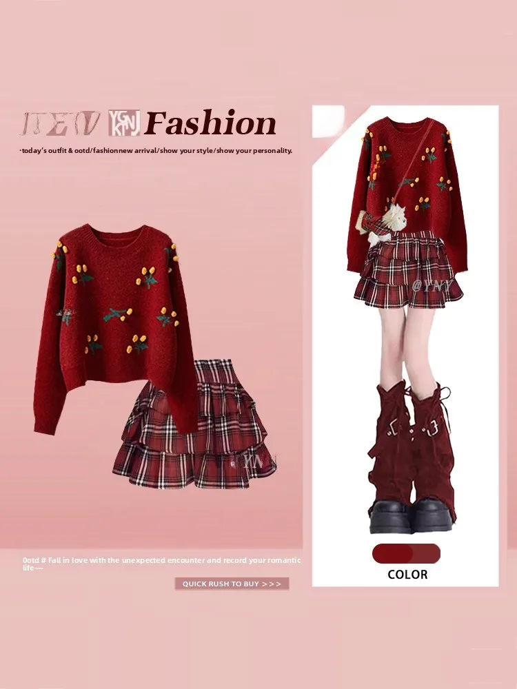 

Вязаный свитер с вышивкой вишней и юбка-карандаш: женский антивозрастной зимний модный комплект, повседневный, с длинным рукавом, круглым вырезом