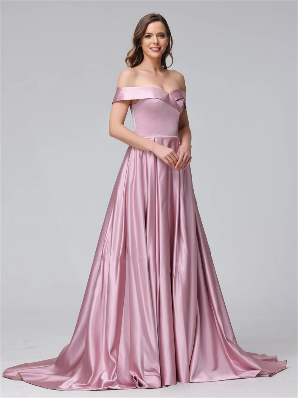 

Satin Off-the-shoulder Evening Dress With Split Side A-line Floor-length Prom Gowns Backless Lace-up Sleeveless Formal Party