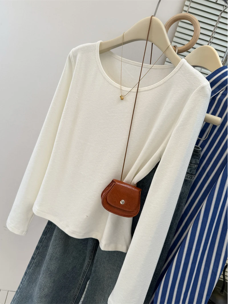 Slim Fit rotondo Ne Long Sve Base irt Sle da donna Primavera Nuovo colore puro Abbigliamento interno Top a tubo dritto coreano alla moda