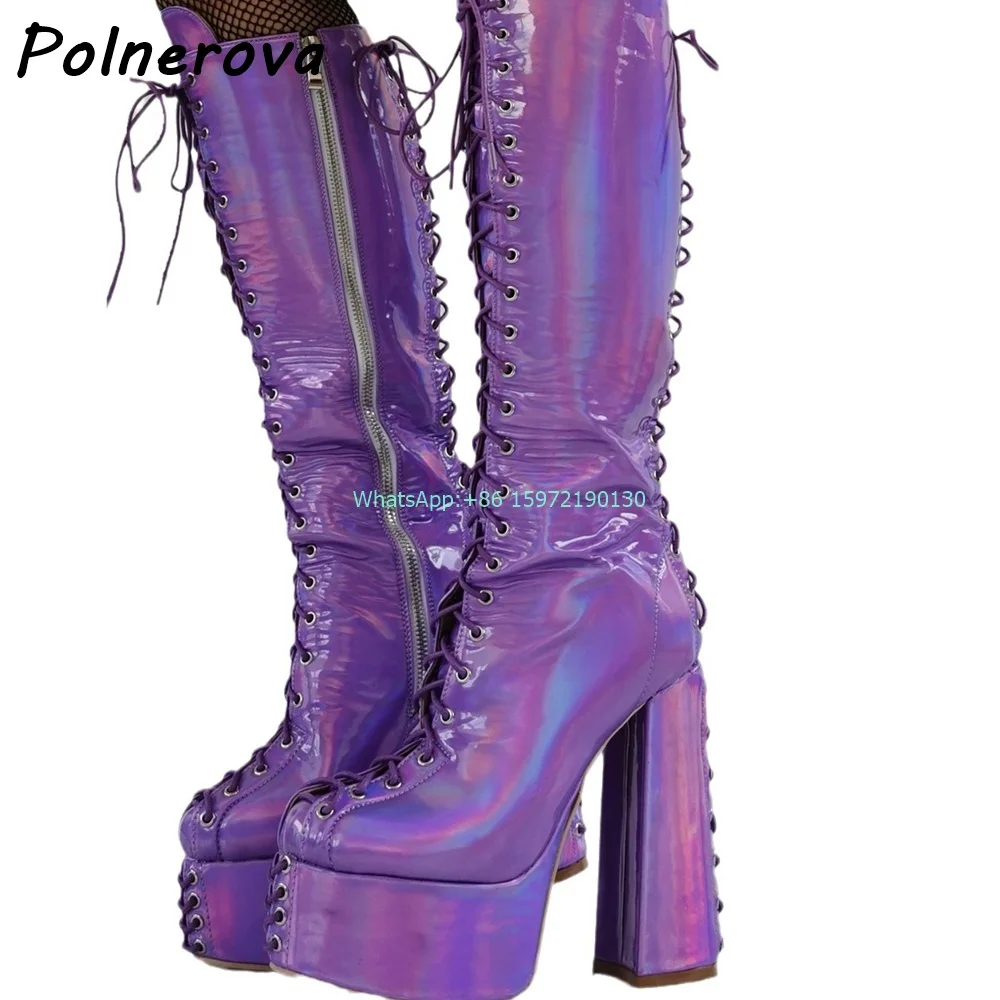 Stivali alti al ginocchio Color specchio viola piattaforma punta tonda tacchi grossi cerniera scarpe incrociate scarpe di nicchia da donna in stile gotico