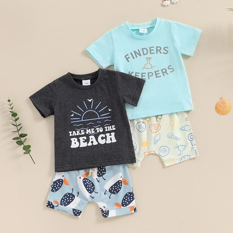 

2024-04-03 lioraitiin 3M-3Y Summer Toddler Boys Beach Shorts Sets Short Sleeve Letter Print Tops and Drawstring Shorts Sets