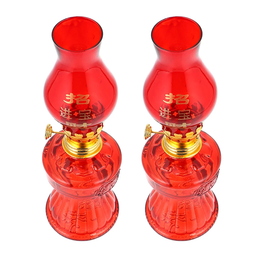 

2Pcs Chinese-Style Red Glass Lamps Desktop Oil Lights Decorative Home Use Windproof Adjustable Oil Light