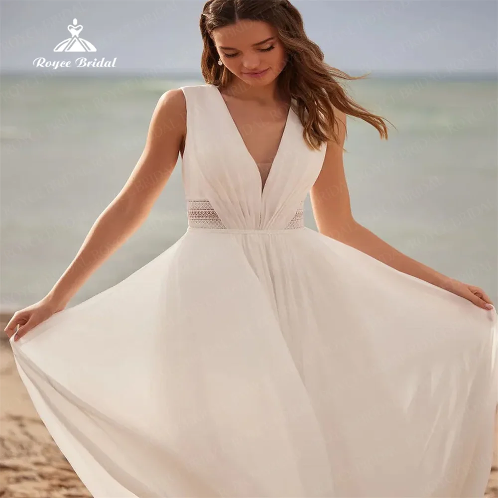 Elegante vestido de novia de línea A, gasa de encaje, cuello en V, sin mangas, clásico, lado de la playa, espalda abierta, tren de barrido, 웨레스 스