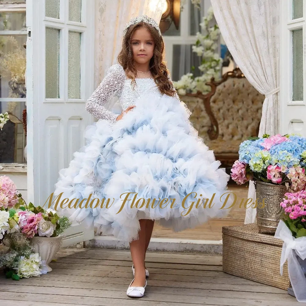 Meadow Ice Blue Children Birthday Wedding Dresses Round Neck Long Sleeve First Communion Gown Zipper BackGirls Princess Dress