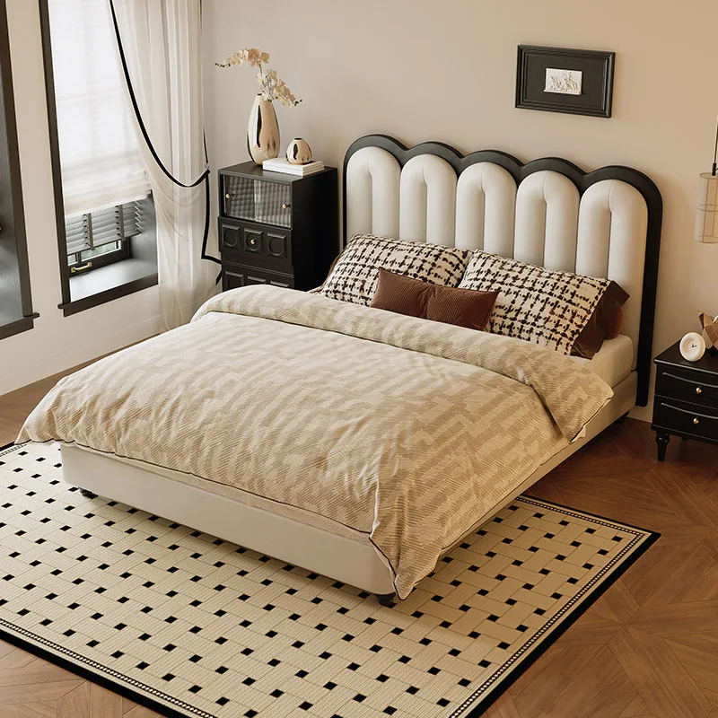 

Italian double French retro cream wind leather wave soft bag master bedroom new high-end atmospheric leather bed