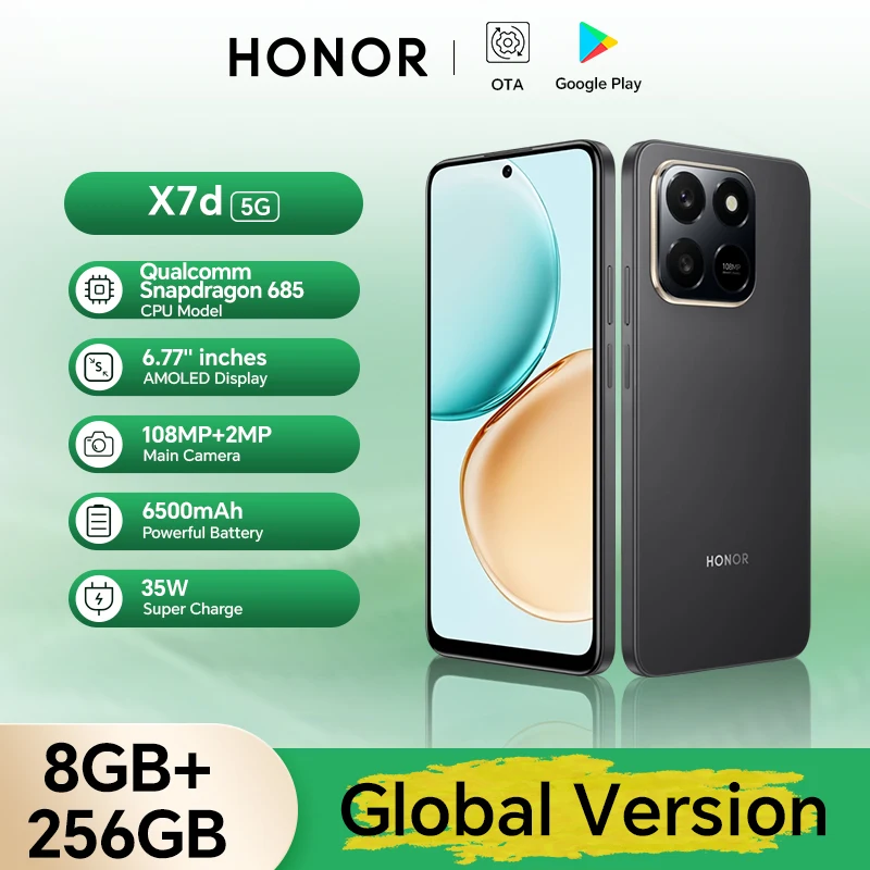 Original HONOR X7d 8+256 Global Version Smarphone 6.77'' TFTLCD Screen 108M Main camera 6500mAh 35W SuperCharge MagicOS 9.0