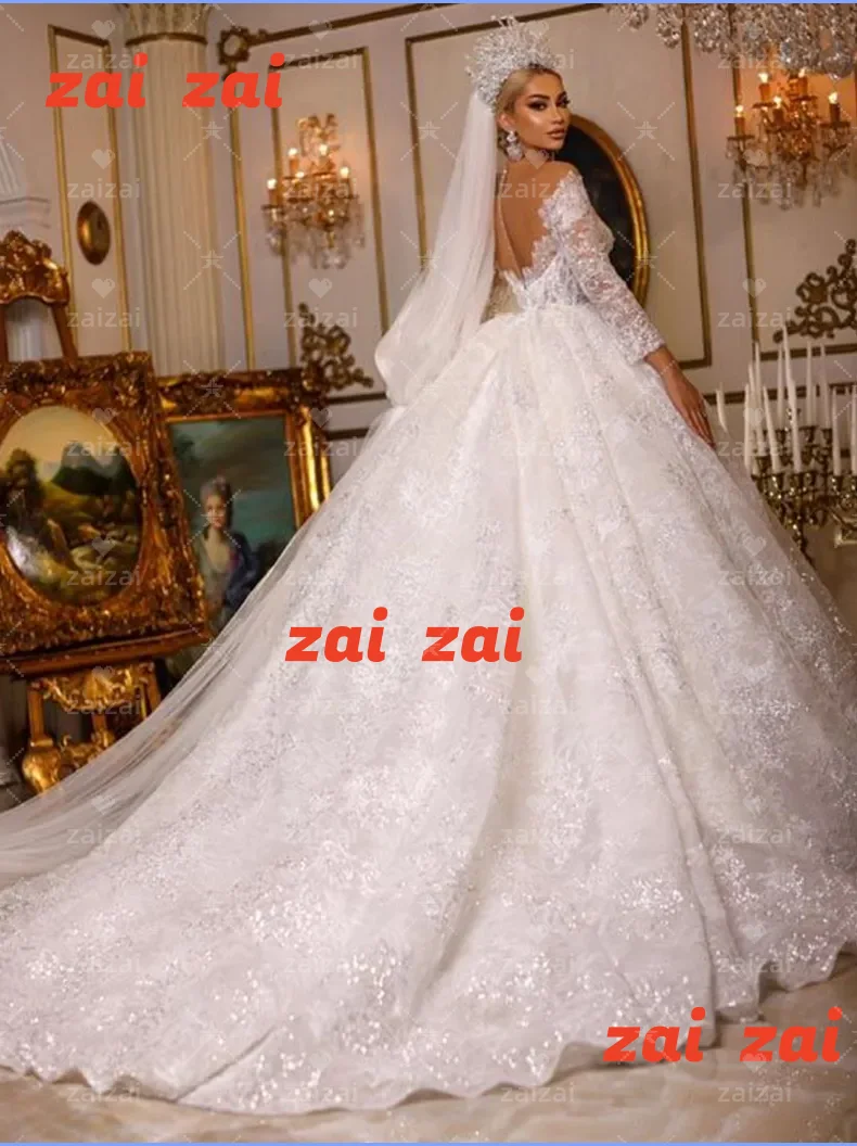 Customized  Gorgeous O-neck Long Sleeve Wedding Dress Full Lace Princess Sparkly Bridal Gowns Robe Vestidos De Novia