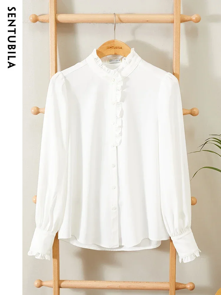 SENTUBILA Elegant Ruffled White Shirts for Women 2025 New Fashion Stand Collar Long Sleeve Chiffon Tops Office Wear 131V46907