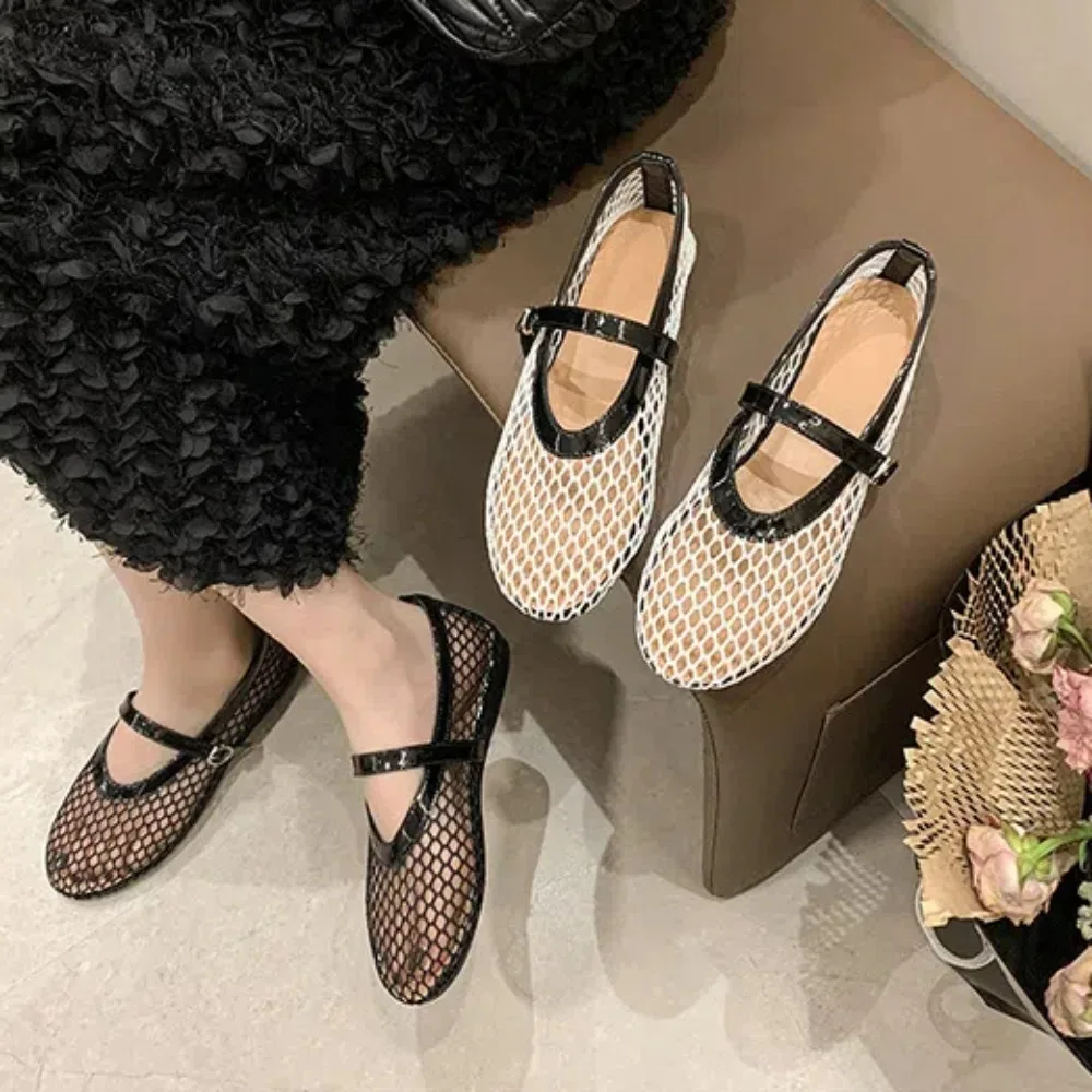 Versatile PU Leather Hollow Flat Sandals Black Breathable Single Buckle Ballet Shoes White Soft Fishing Net Loafers School