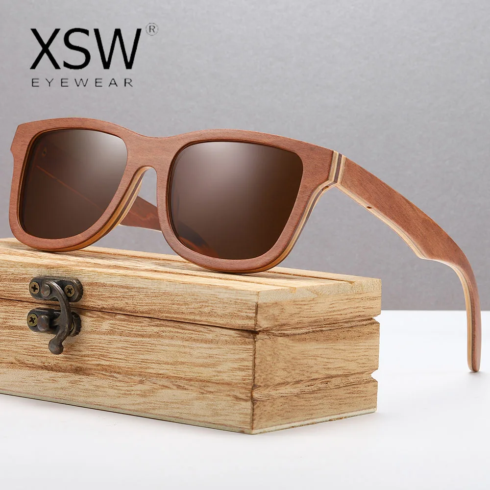XSW Vintage Bamboo Wooden Sunglasses Handmade Polarized Mirror Fashion Eyewear Sport Glasses in Paper Box 832