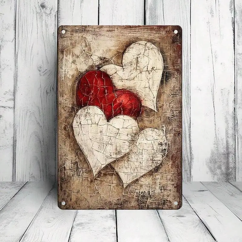 1PC White & Red Hearts Tin Sign, Romantic Distressed Heart Art, Sturdy Metal Plaque For Bedroom & Living Room, 8x12 Inches