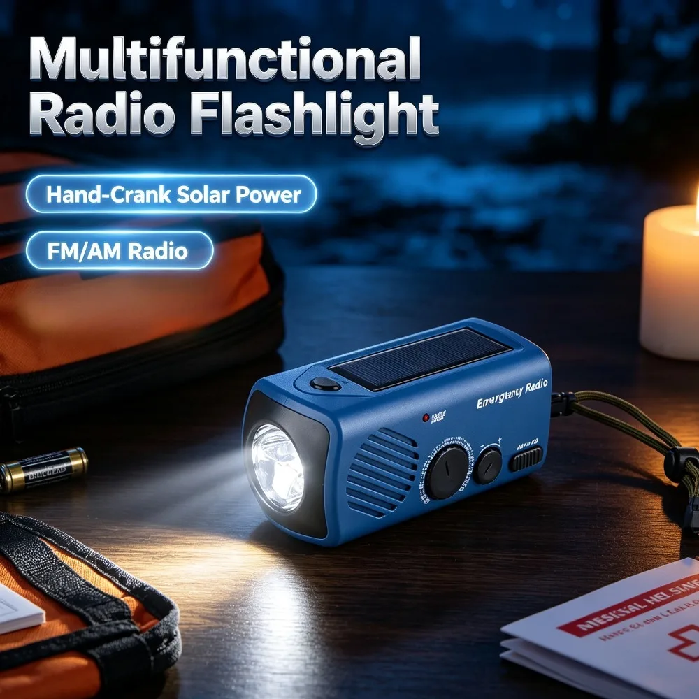 Multifunctional Hand‑Crank Dynamo Solar Radio Flashlight Supporting Phone Charging for Outdoor Camping Adventure Scenarios
