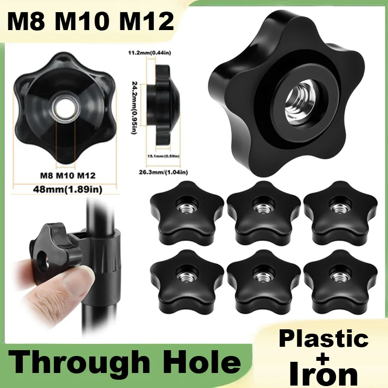 M8 M10 M12 Knob Black Nylon Screw-On Type Through Hole Irou Threaded Knob Nuts 6-Star Shape Hand Tighten Clamping Knobs
