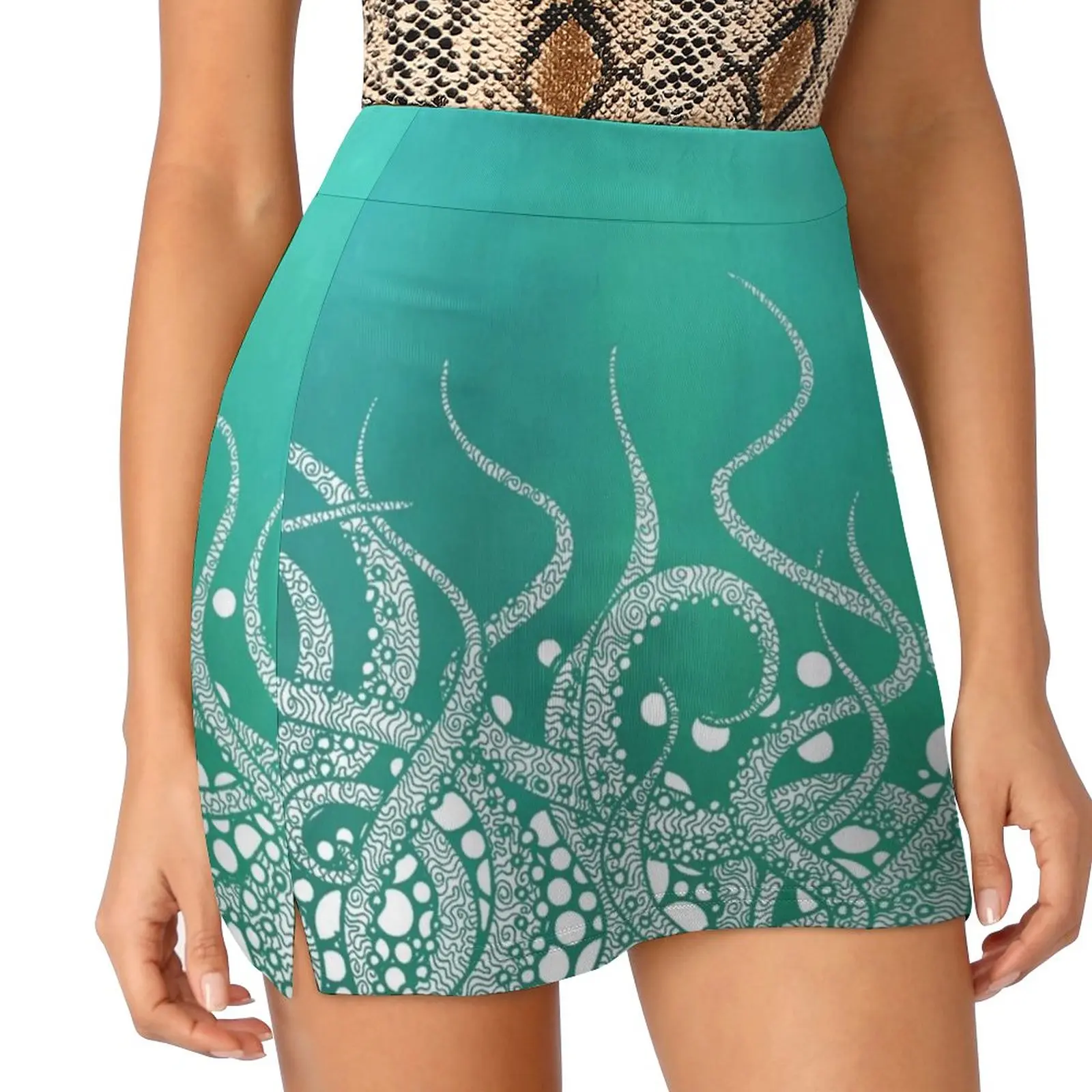 Turquoise Tentacles Women's skirt With Hide Pocket Tennis Skirt Golf Skirts Badminton Skirts Running skirts Tentacles Turquoise