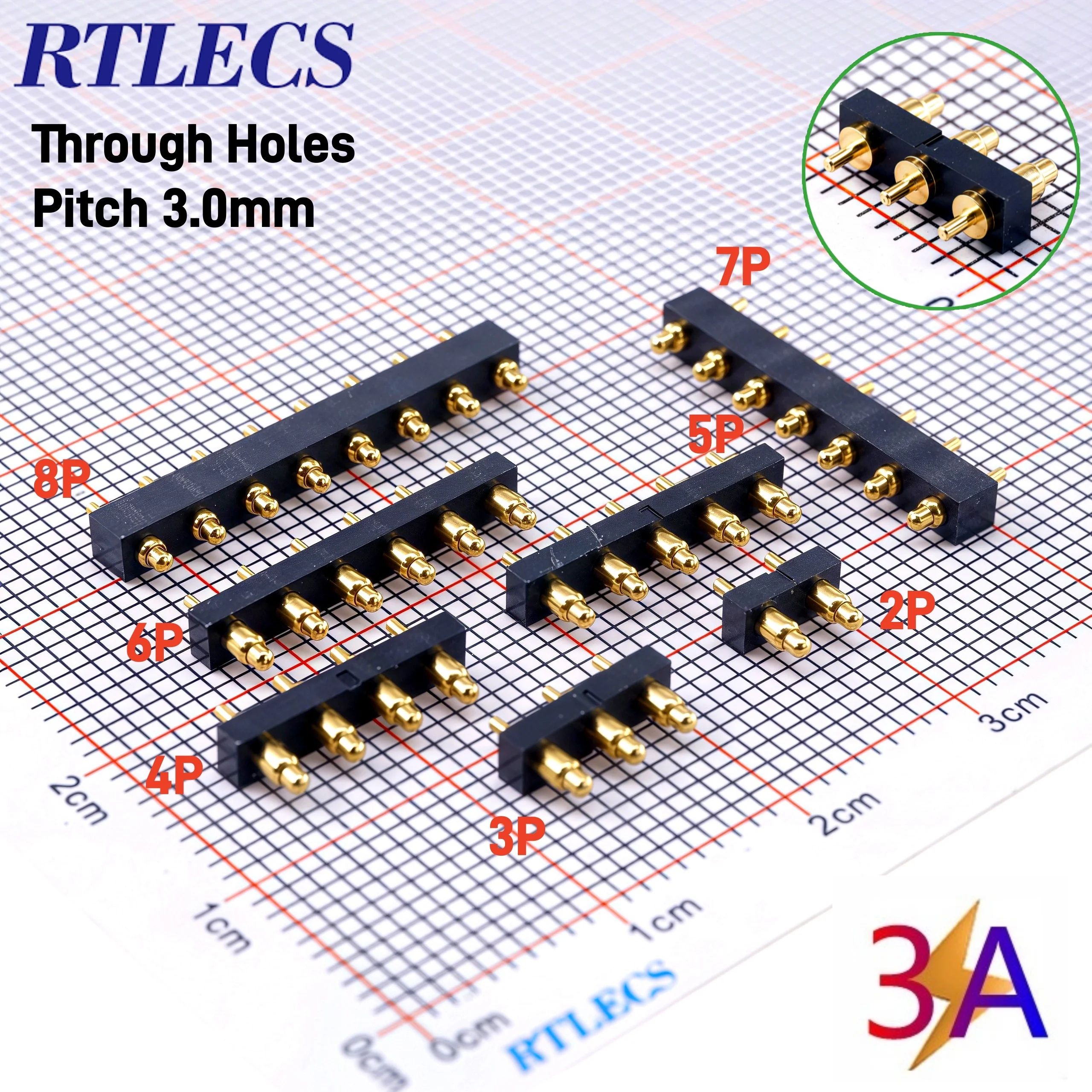 5/20 Pcs High Current 3A PogoPin Connector Male Female 3.0mm Pitch Through Holes DIP 2/3/4/5/6/7/8Pin Gold Plated 3u