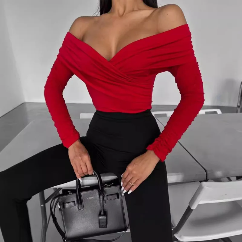 Europe and America Cross Border Women's Clothing Sexy Hot Girl Slim Top Solid Color FashionVCOLLAR off-the-Shoulder Stitching Lo