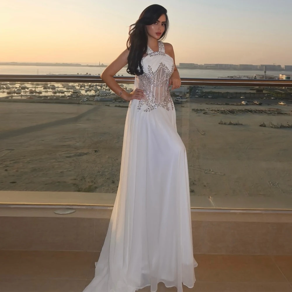 豪華な女性のイブニングドレス シフォン Aライン セレブドレス ホワイト ラインストーン シャーリング ワトー トレイン 女性 セレモニードレス