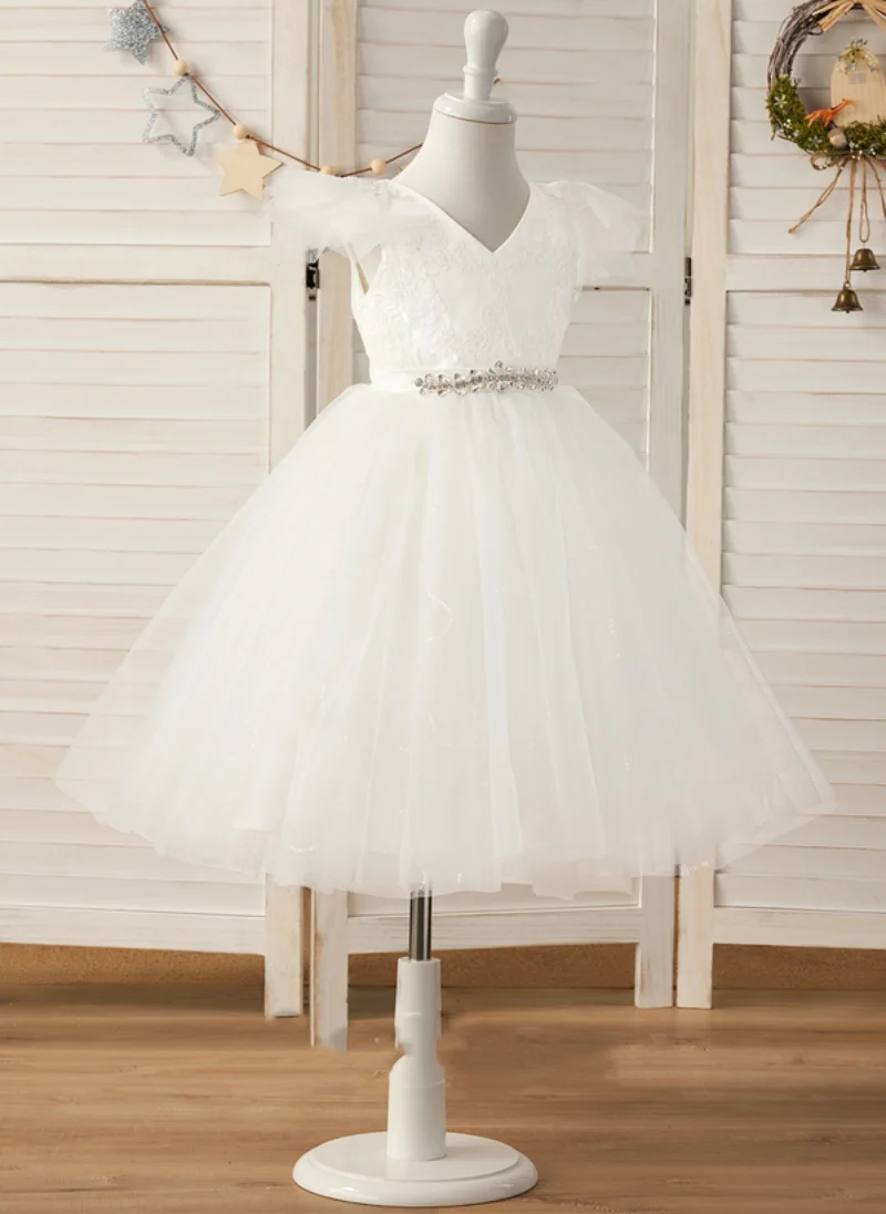 

White Lace Tulle Flower Girl Dress for Wedding V Neck A-Line Princess Birthday Party First Communion Dresses child Size 1-10T