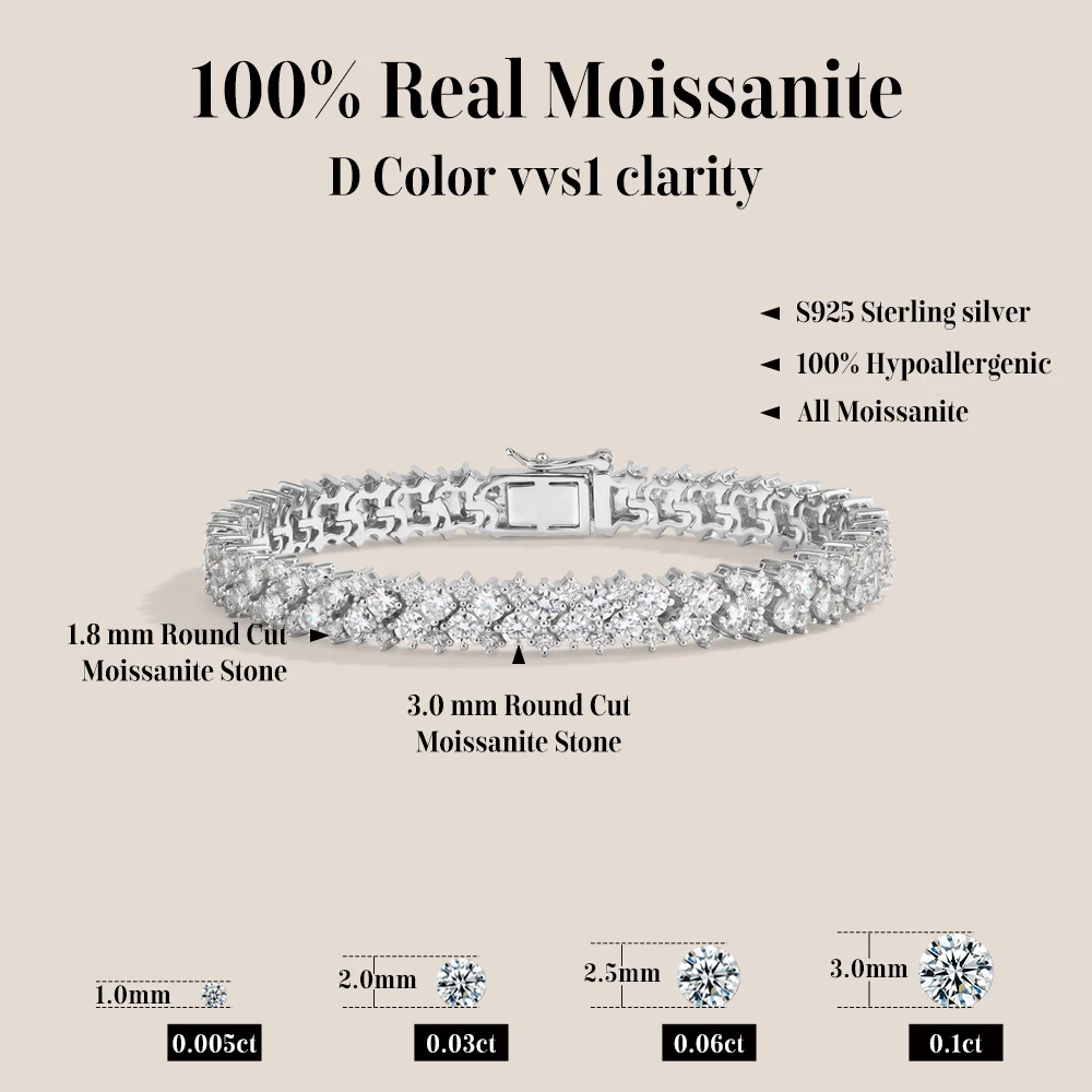 ATTAGEMS Double Row Moissanite Bracelets for Women Men S925 Silver Tennis Bracelet Hip-hop Style Party Jewelry Pass Diamond Test