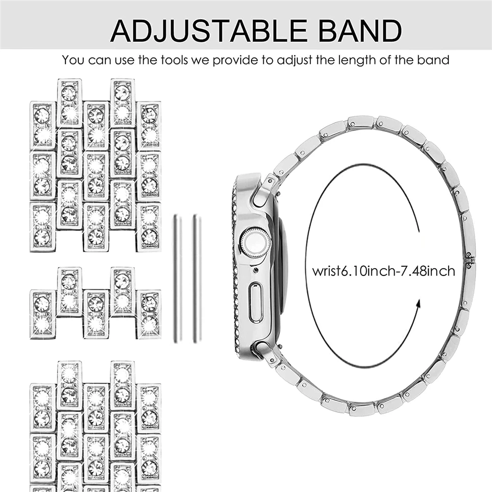 Women\'s Diamond Case + Strap for Apple Watch Band 9 8 7 41mm 45mm 40mm 44mm Metal Bracelet for iWatch Series 7 SE Jewelry Cover