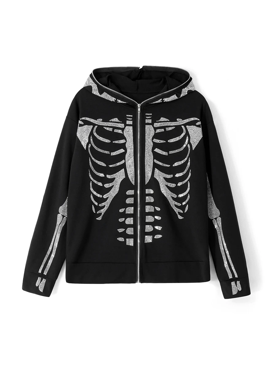 

Women Halloween Y2k Full Zip Up Hoodie Long Sleeve Graphic Jacket Goth Sweatshirt E-Girl Rhinestone Streetwear