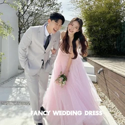 Fancy Korea Pink Strapless Wedding Dress Photo Shoot A Line Soft Tulle Sleeveless Bridal Gown Floor Length Back Corset Dresses