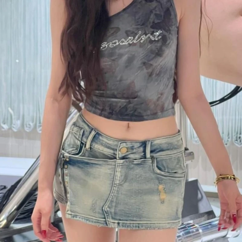 

American Y2k Spice Girl Retro Worn Zipper Low Waist Denim Skirt Women's Summer New Hip Wrap Shorts Skirt