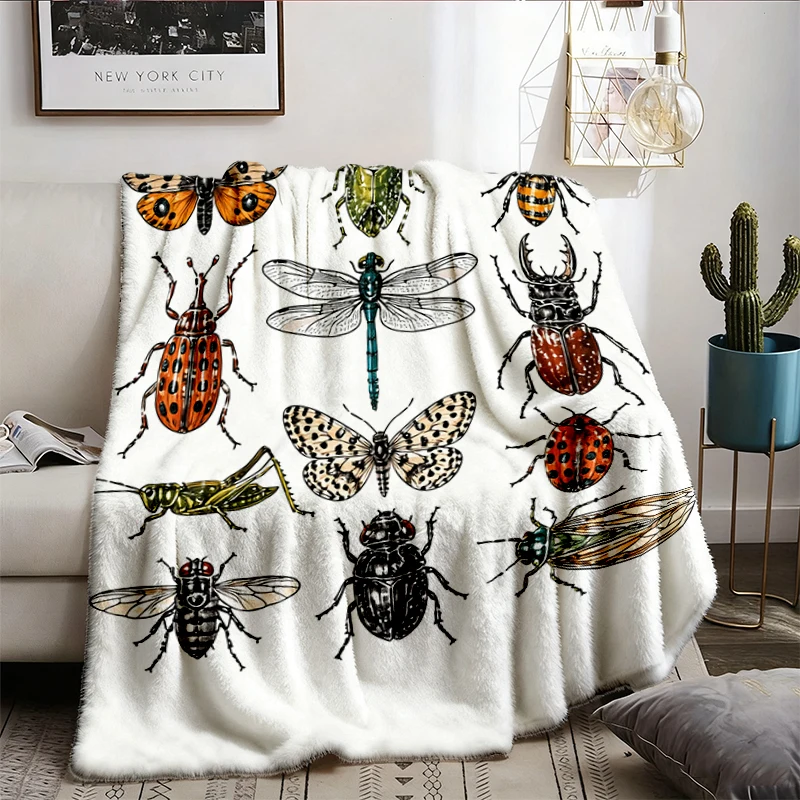 Vintage Bug Warm Blanket, Entomology Soft Blanket, Retro Insect Graphic Comfy Blanket, Cottagecore Nature Flannel Blanke