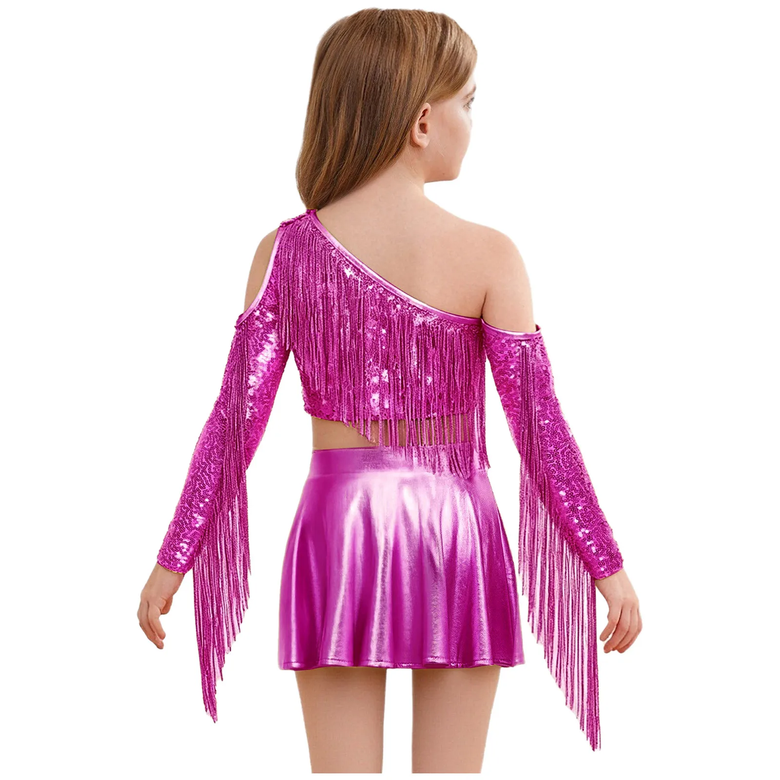 Kids Girls Sequins Ballet Dance Sets Metallic Tassels Crop Top with Mini Skirt for Modern Latin Jazz Dancing Stage Performance