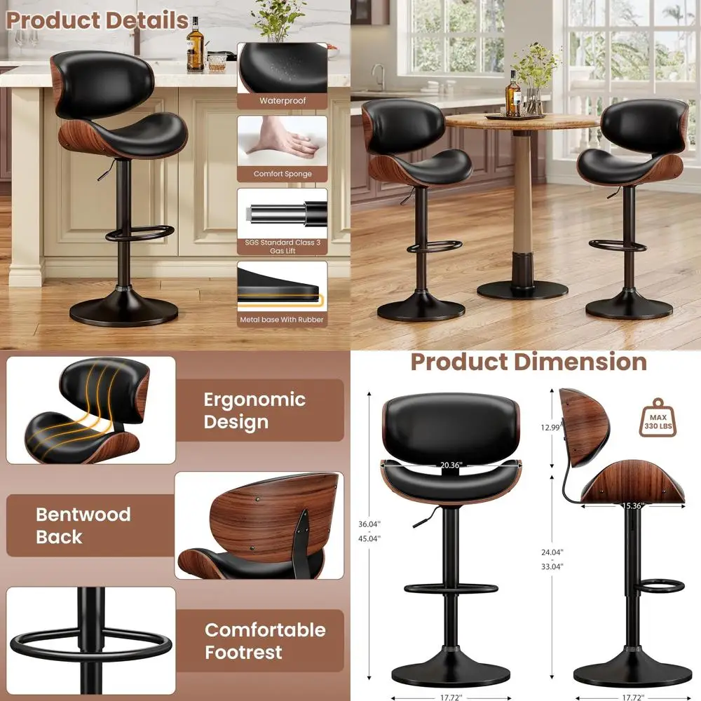 

Bar Stools Set of 3, Bentwood Adjustable Height Swivel Bar Stools, PU Leather Upholstered Bar Chair with Back and Footrest for B