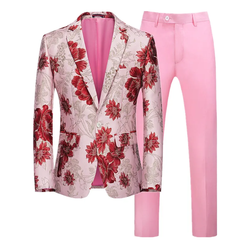 (Jacket + Trousers) Fashion Male Jacquard Flower Suit 2 Piece High Quality Men Business Social Groom Wedding Party Tuxedo Set