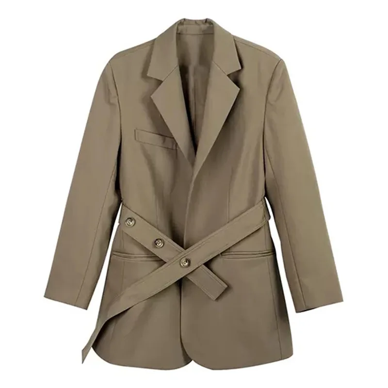 England Style Blazers Women Solid Colors Mid Length Office Suit with Sashes 2024 Spring Autumn Commute Indie Aesthetic Blazer