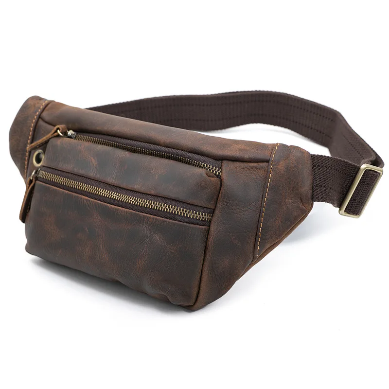 

Men's Waist Packs Vintage Brown Genuine Crazy Horse Leather Shoulder Chest Bag Retro Waxed Luxury Design Fashion Waist Bag