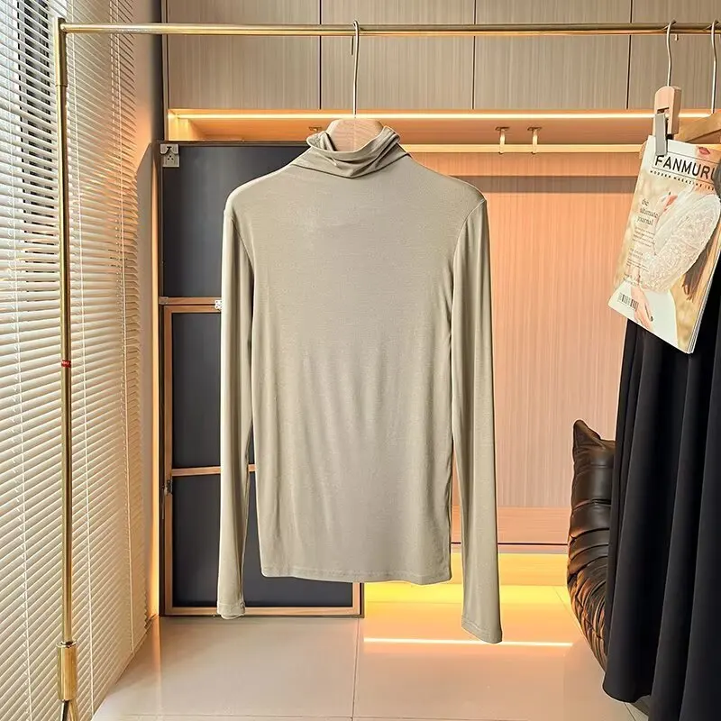 

Jenny&dave 2026 Sping Female Clothing French Elegant Champagne Knitted T-shirt Basic Base Turtleneck T-shirt Woman Clothes Tops