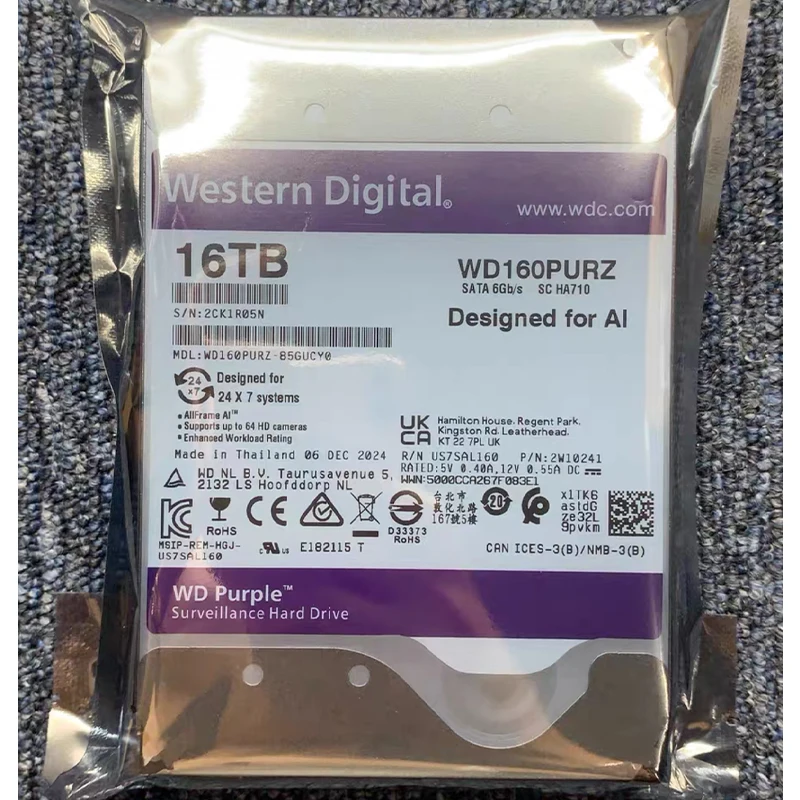 

WD-16TB (WD160PURZ) Hard Disk 3.5" SATA 7200RPM For Surveillance Hard Drive FOR Ai