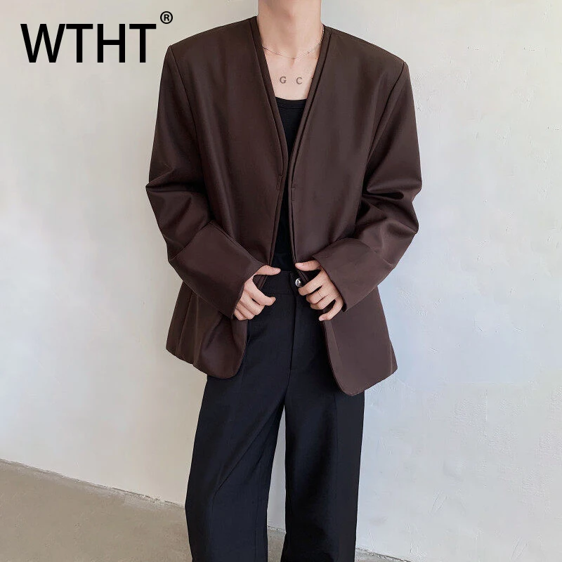 

WTHT Fashion Men's Solid Color Fake Two-pieve China Style Blazer Coats Trendy V-neck Long Sleeves Jacket Male 2025 Summer 2A0994