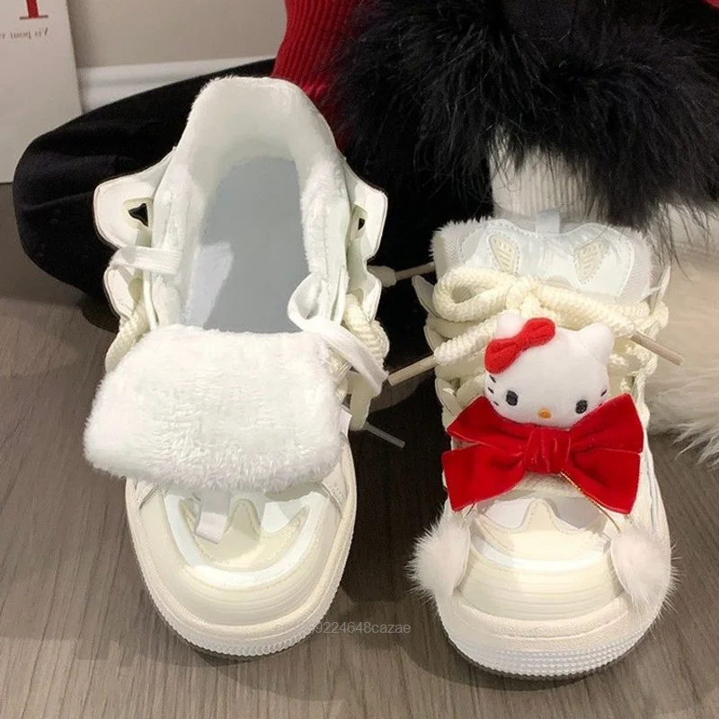 Sanrio Hello Kitty nowa estetyczna buty deskorolkowe Y2k japonia koreańska uniwersalna gruba podeszwa bawełniana buty na co dzień słodkie trampki