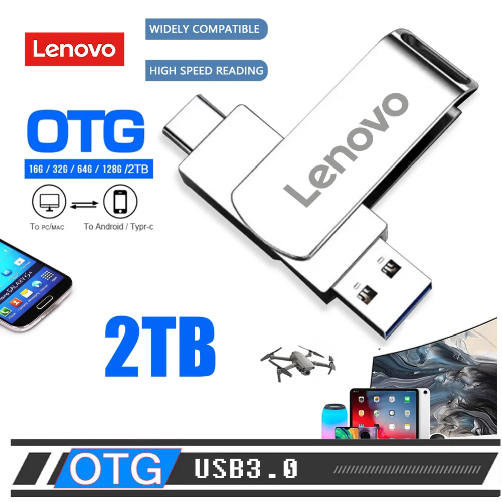 

USB-флеш-накопитель Lenovo 2 ТБ, металлический, высокоскоростной, OTG, портативный SSD 1 ТБ, 128 ГБ, 256 ГБ для ноутбуков и ПК, металлический флеш-накопитель, карта памяти