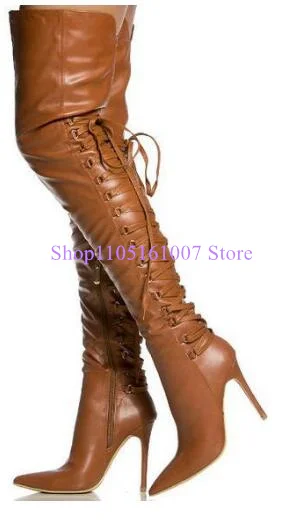 

Brown Leather Lace-up Lady Long Boots Fashion Large Size 47 Stiletto Heel Over the Knee Boots Woman Sexy Banquet Party Shoes