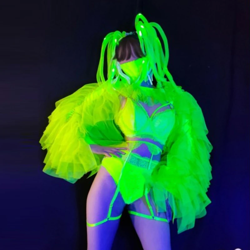 

Nightclub Fluorescent Green Dance Stage Costume Sexy Lace Bikini Pole Dance Clothes Rave Outfit LED Headwear Gogo Dancewear